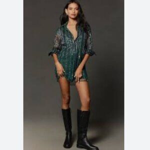 Brand New by Anthropologie Blue Tassel Sequin Stripe Mini Shirt Dress